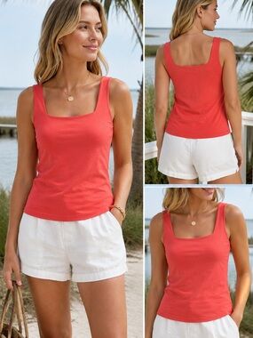SML Sport Petite PM Coral Square Neck Stretch Tank Top Cotton Blend